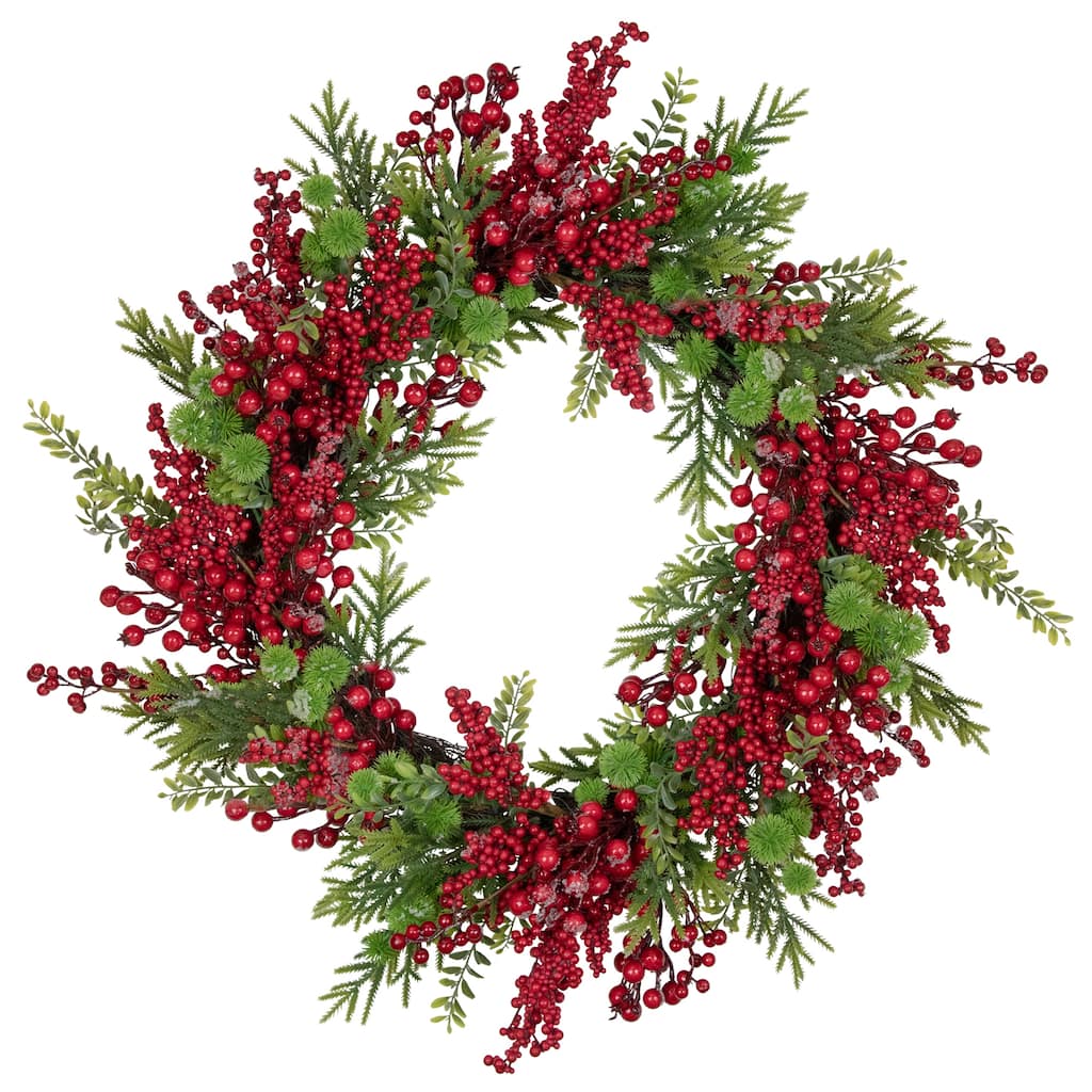 Artificial Frosted Red Berry and Pine Christmas Wreath, 28-Inch, Unlit