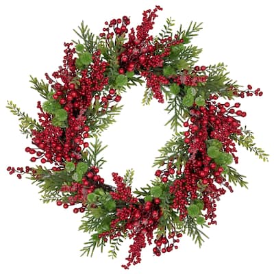 Artificial Frosted Red Berry and Pine Christmas Wreath 28-Inch Unlit - 28"