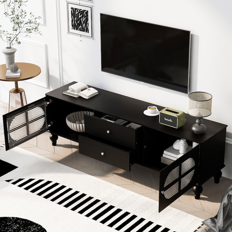 68.9" Rectangular Wooden TV Stand with Fluted Glass Doors, for TVs up to 75", Media Storage Console with 2 Drawers