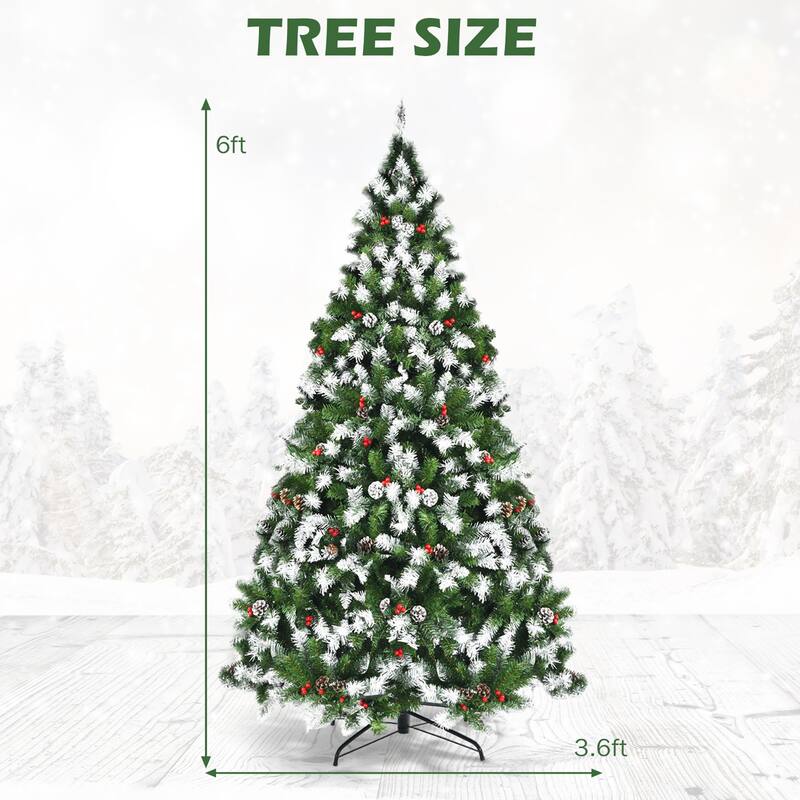 Snow Flocked Pencil Christmas Tree with Red Berries and Metal Base - 6 Foot
