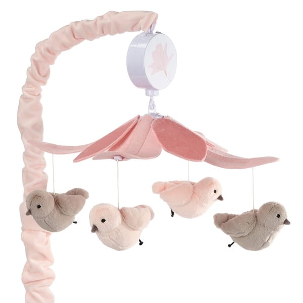 slide 2 of 8, Lambs & Ivy Petals Pink/Gray Birds Musical Baby Crib Mobile Soother Toy