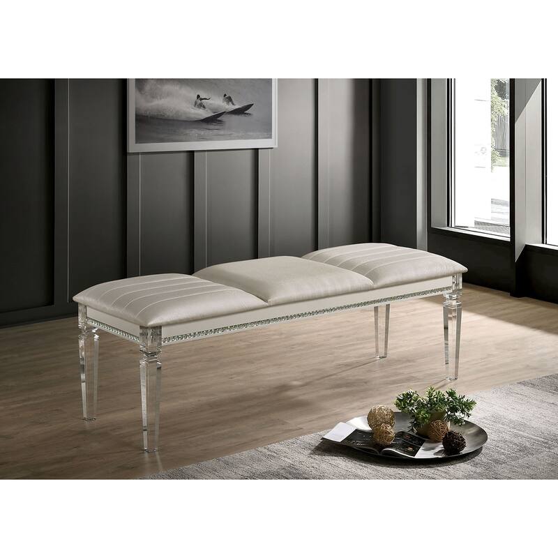Antique Classic Pearl White 1pc Bench Only Contemporary Solid wood Acrylic Legs Crystal And Mirror Accent - Antique White
