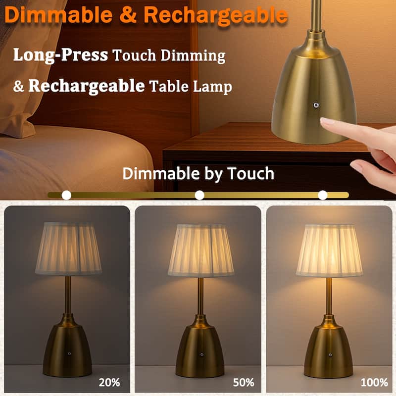Classic Rechargeable LED Table Lamp with Fabric Shade Touch Control USB Cordless Nightstand Light for Nightstand Room - W6.3‘’