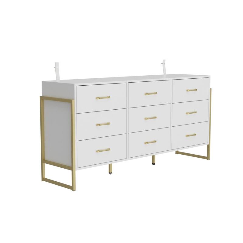 61.4” White 9-Drawer Dresser with Gold Metal Frame, Modern Storage Cabinet for Bedroom, Living Room or Entryway