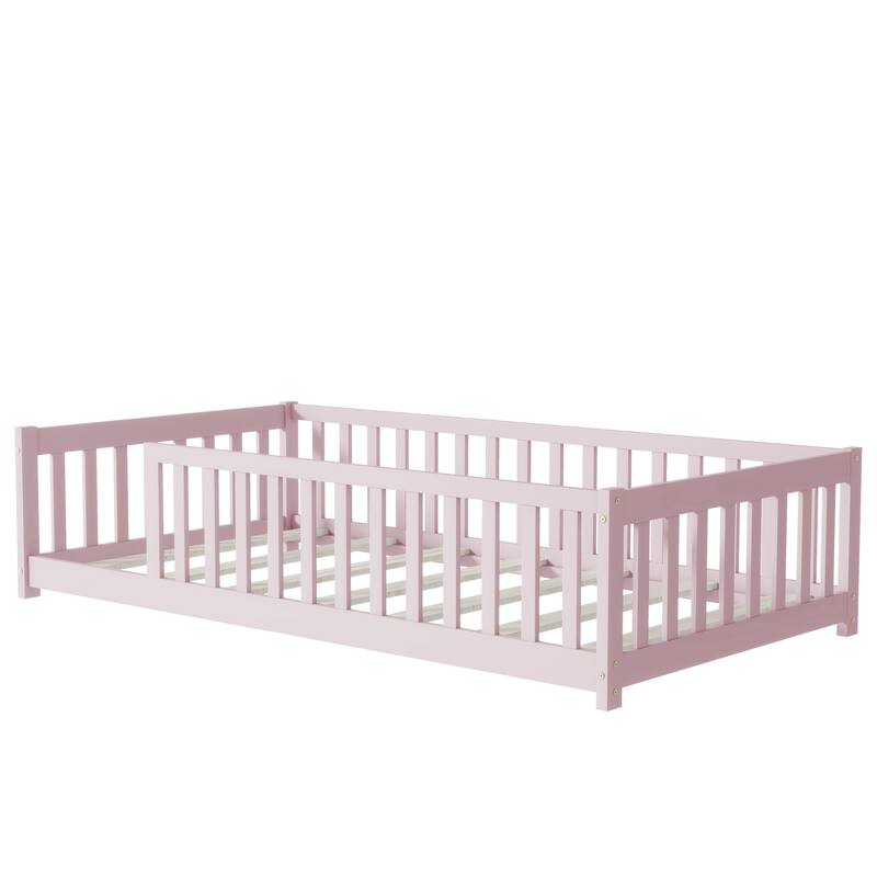 Rubber Wood Twin Size Floor Bed with Fence without Door