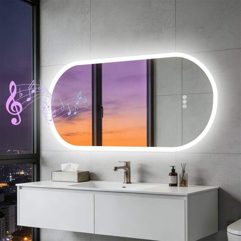 Oblong Bluetooth Led Lighted Bathroom Makeup Mirror Tempered Glass Backlit Vanity Mirror