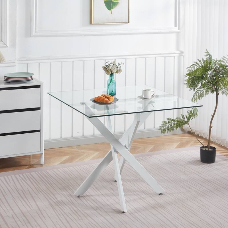 Modern Square Tempered Glass Dining Table with Stable Cross Metal Leg