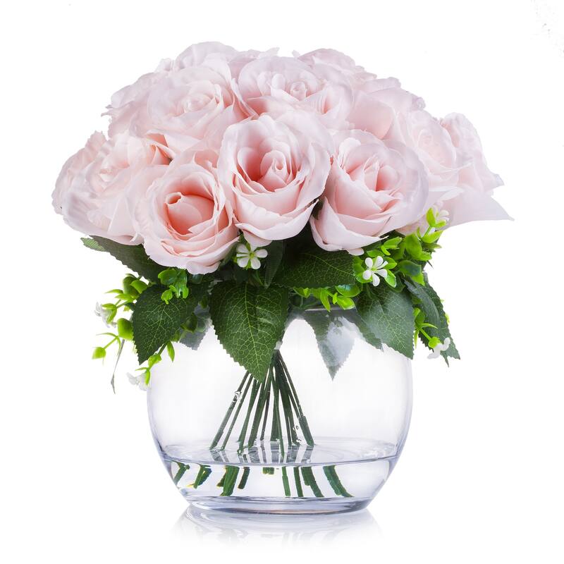 Enova Home Artificial 18 Heads Silk Roses Fake Flowers Arrangement in Clear Glass Vase with Faux Water for Home Wedding Decor - Blush