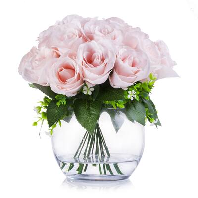 Enova Home Artificial 18 Heads Silk Roses Fake Flowers Arrangement in Clear Glass Vase with Faux Water for Home Wedding Decor