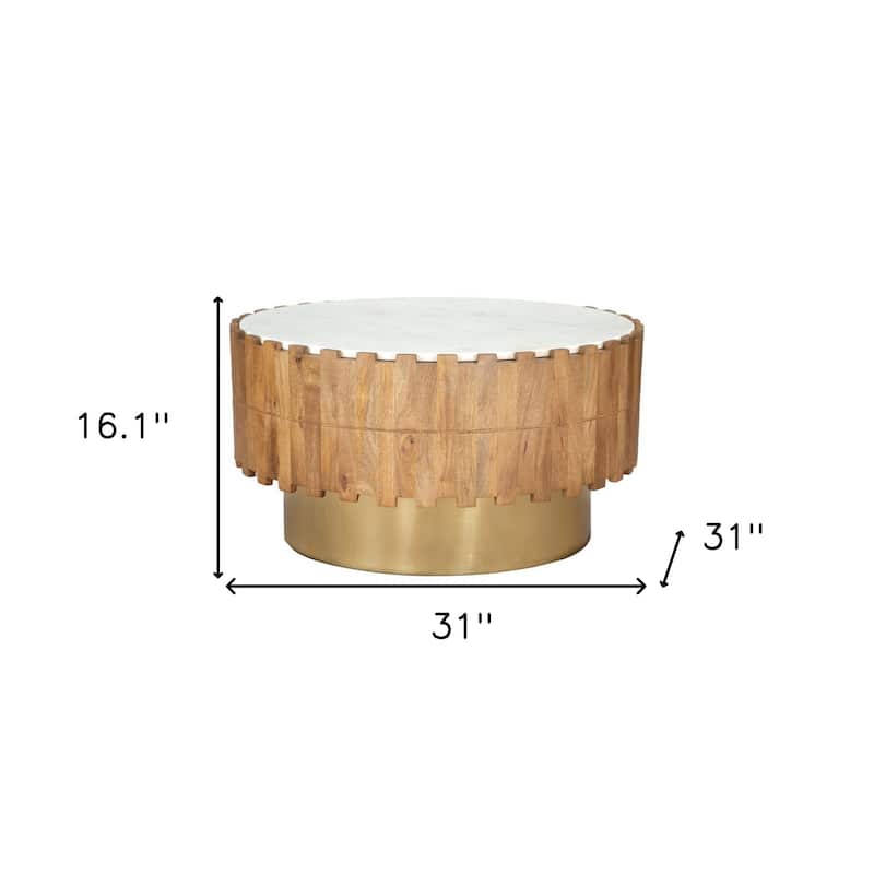 HomeRoots 31" Gold Natural And White Iron Wood And Faux Marble Round Block Coffee Table - 31 in. x 16.1 in. x 31 in.