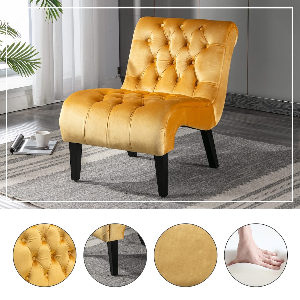 Velvet Armless Accent Leisure Chair, Upholstered Fabric Button Comfortable Chair with Wooden Legs for Bedroom