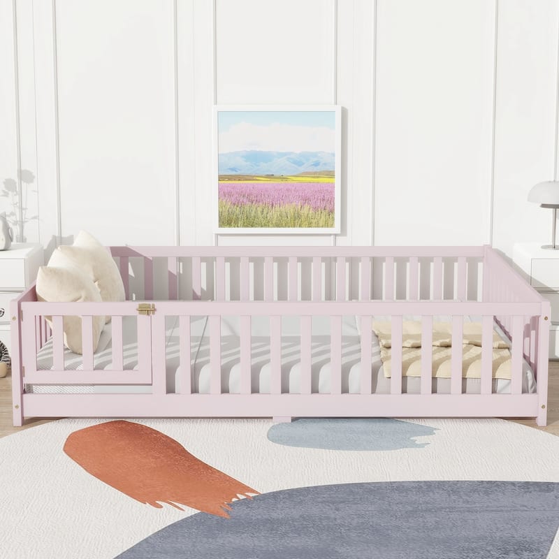 Full Size Floor Bed with Fence and Door,Rubber Wood Floor Bed with Safety Guardrails