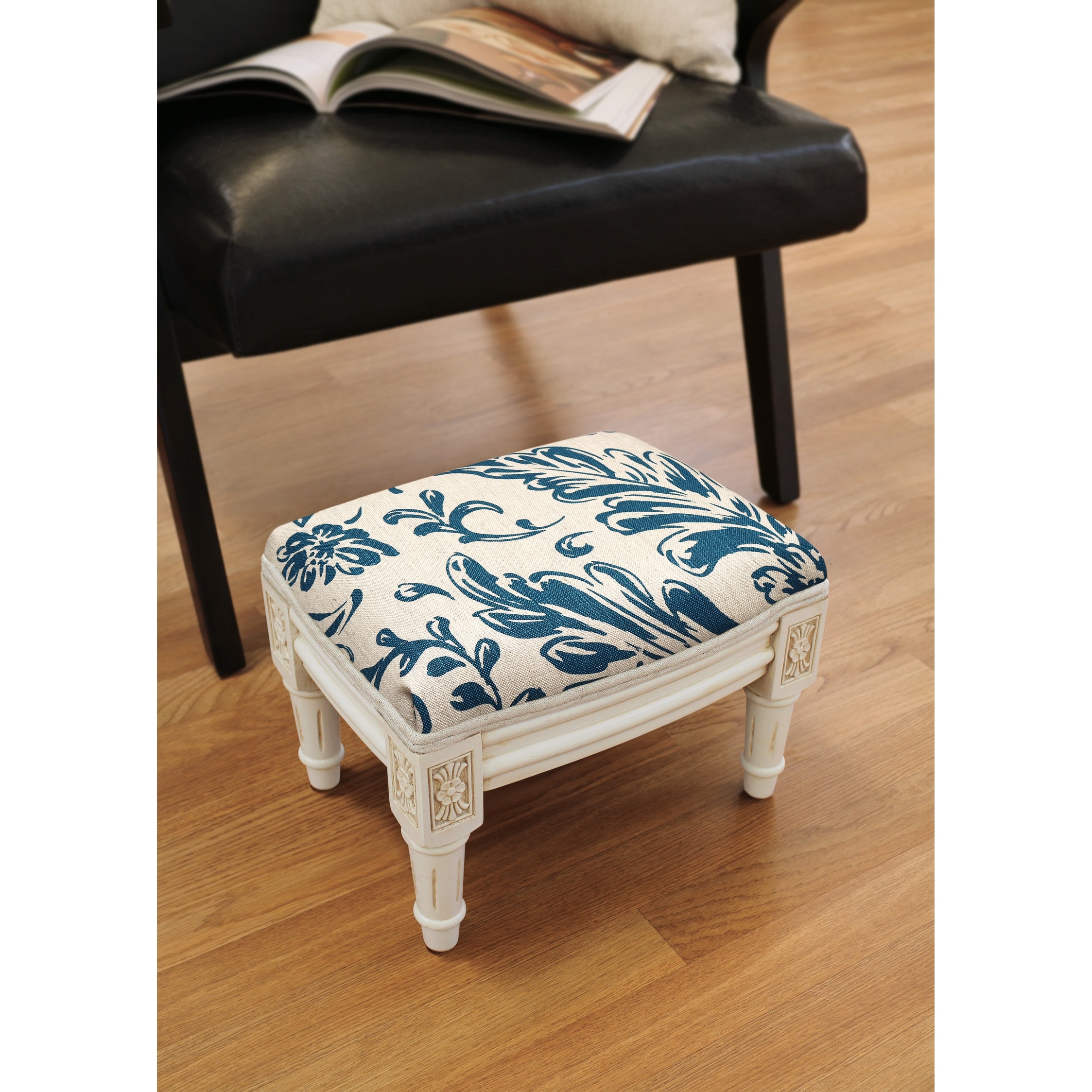 Navy Blue Tuscan Floral Footstool with antique white finish