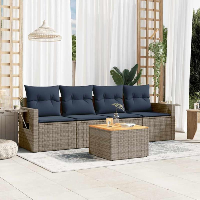 vidaXL 5 Piece Patio Sofa Set with Cushions Black Poly Rattan - 21.7" x 24.4" x 27.2" - Grey and blue