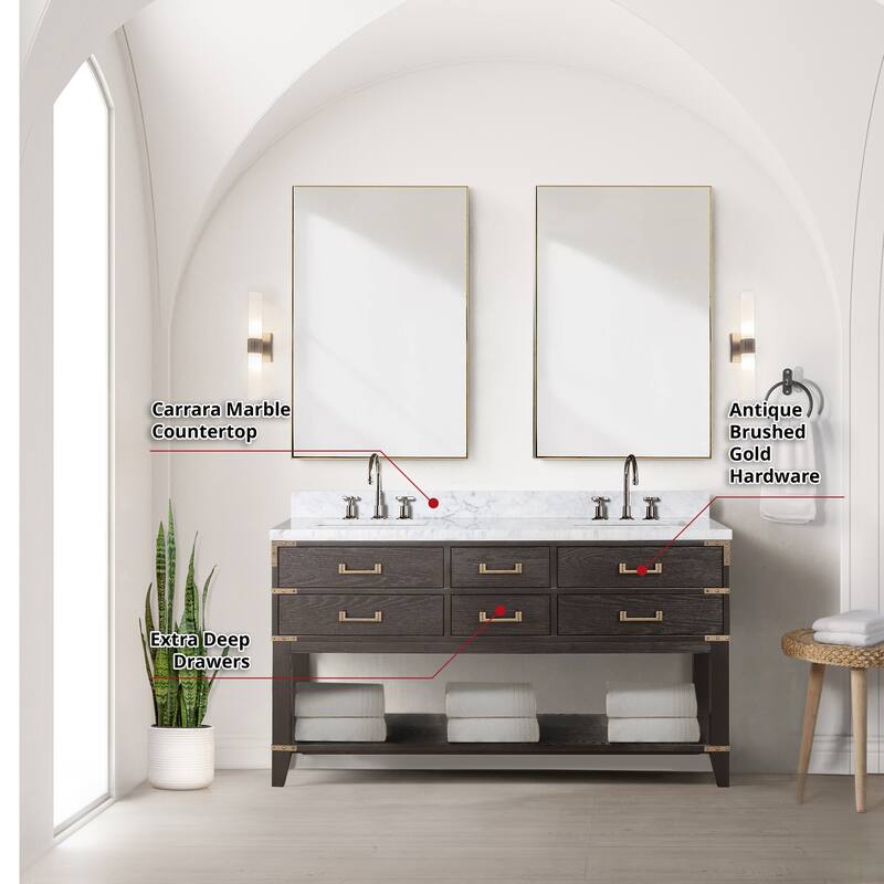 Lexora Norwalk Bath Vanity, Carrara Marble Top, Faucet Set, and Mirror