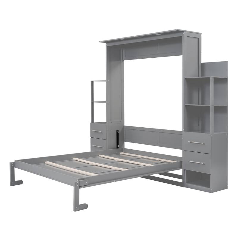 Modern Queen Size Murphy Bed with Shelves, Drawers & LED Night Light - Ideal for Multi-Functional Spaces