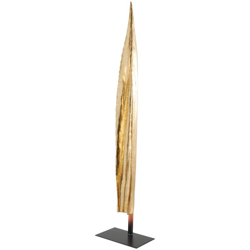 Gold Polystone Slim Abstract Leaf Sculpture with Black Metal Stand
