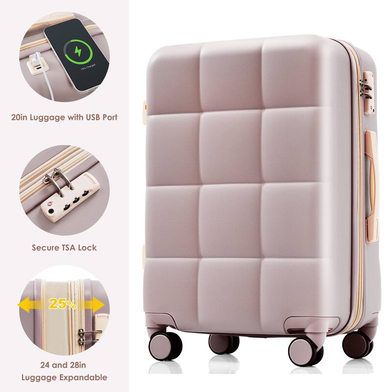 4 Piece Expandable Luggage Sets, ABS Durable Suitcase with Travel Bag and Cup Holder, Hard Shell Spinner Wheels Luggage