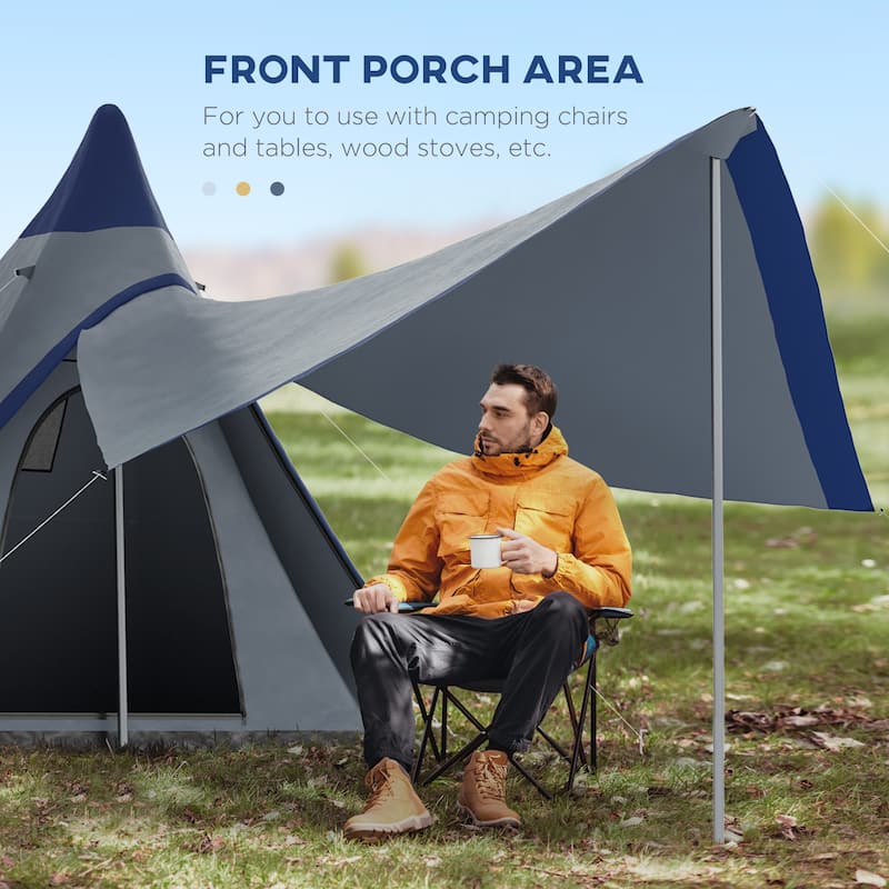 Outsunny Teepee Tent, Easy Set-Up Camping Tent with Porch Area, Floor and Carry Bag