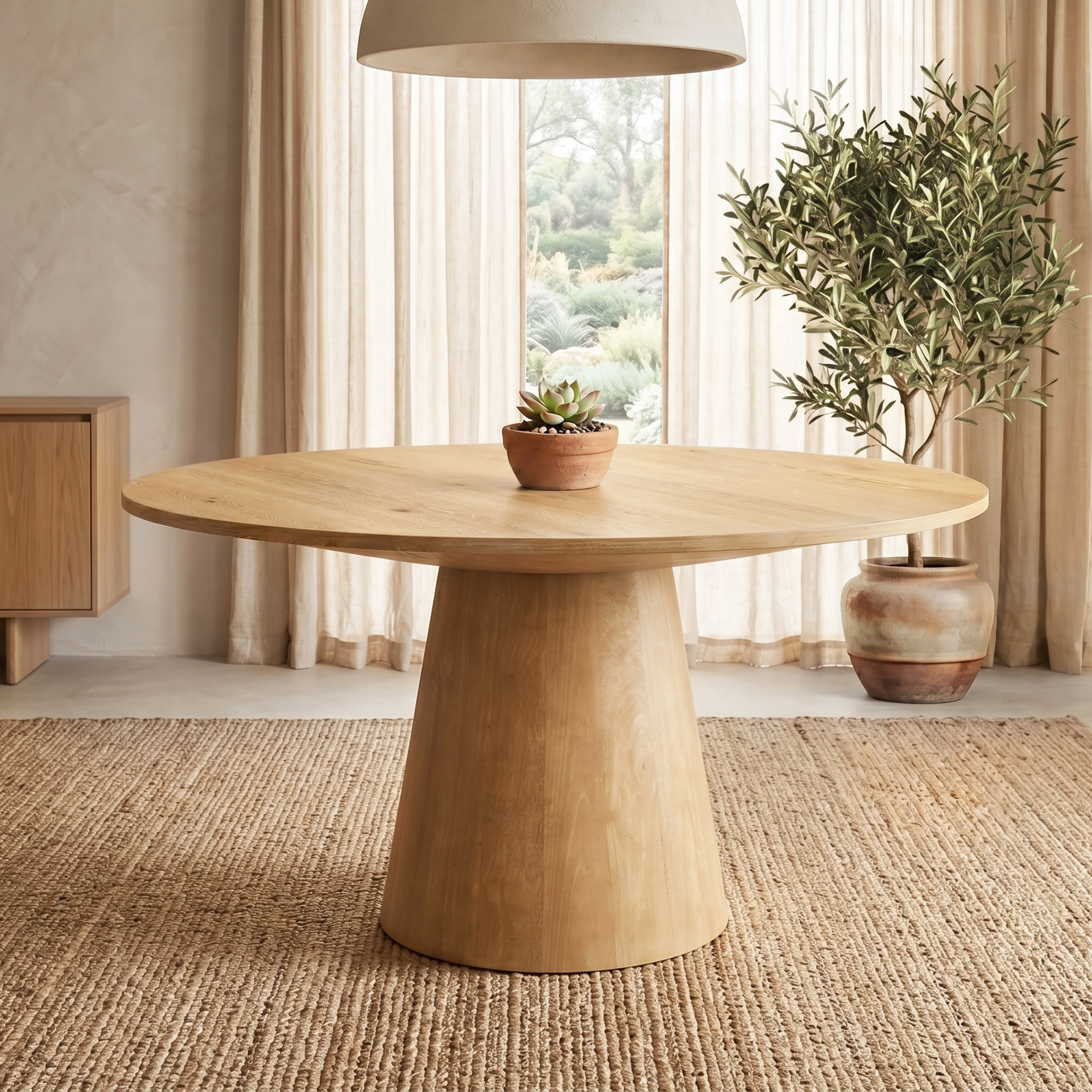 Furniture of America Vitten Modern Oak Wood Cone-Shaped Pedestal Base 59-inch Round Dining Table