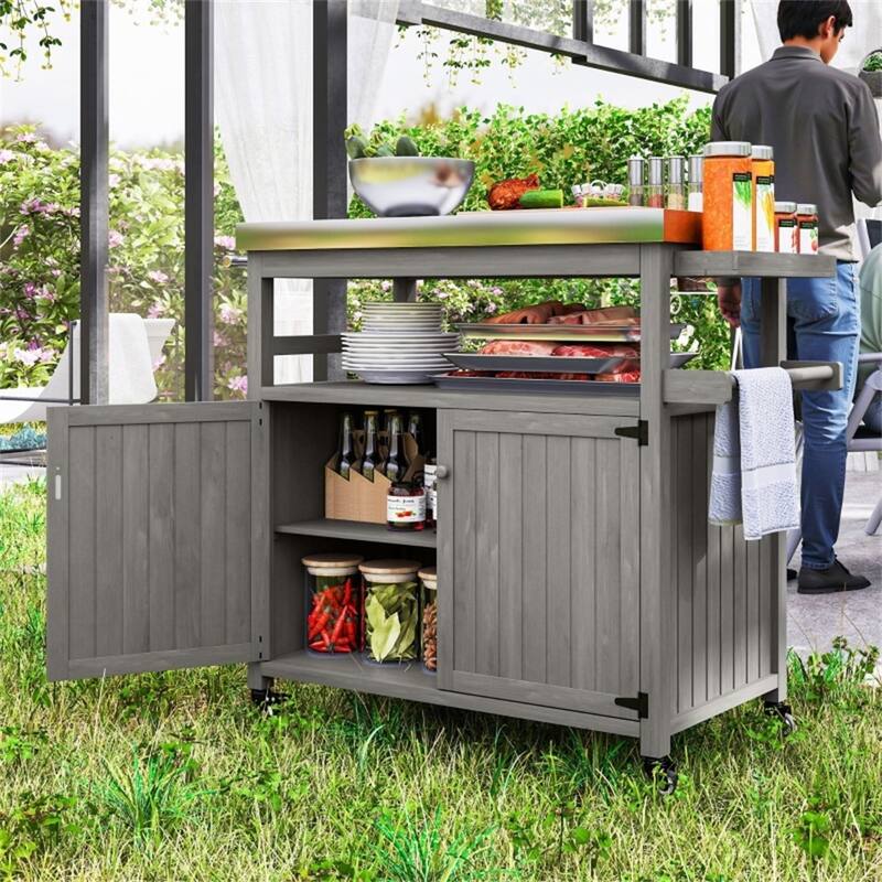 Stainless Steel and Wood Grill Cart with Cabinets, Spice Rack, Towel Holder, and Swivel Casters Multi-Purpose Serving Table Gray - Grey