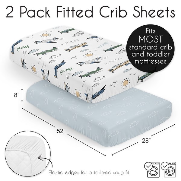 Sweet Jojo Designs Vintage Airplane Boy 2 Pack Fitted Crib Sheets Blue Clouds Sky and Green Blue Yellow Airplanes Transportation