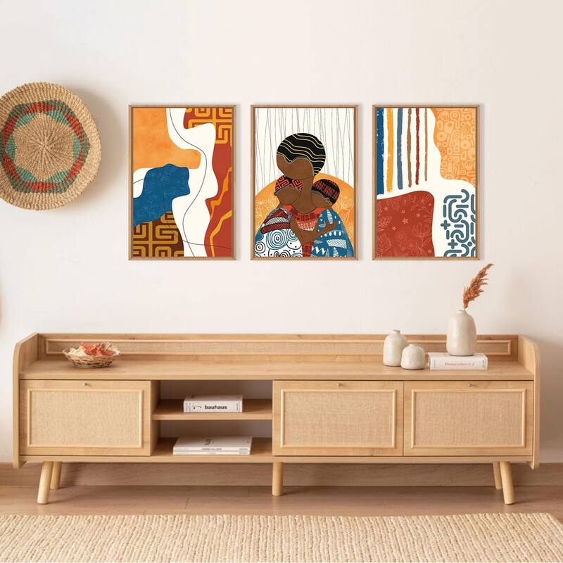 Boho Abstract Black Woman Framed Canvas Wall Art Set
