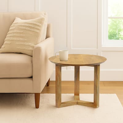 Nina 18.5" Round Handcrafted Side End Table, Natural Brown Mango Wood