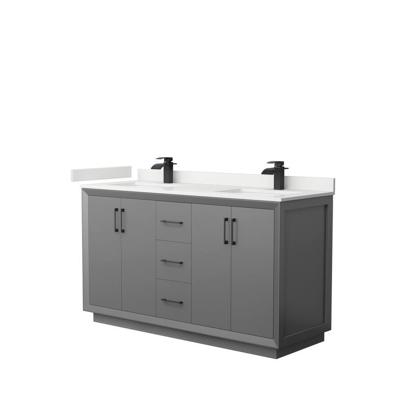 Strada 60-inch Double Vanity, Quartz Top - Dark Gray, Black Trim, White Quartz Top