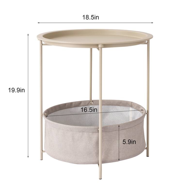 VECELO Small Round Side Table with Removable Tray & Fabric Storage Bin Easy 5-Min Assembly for Living Room Bedroom