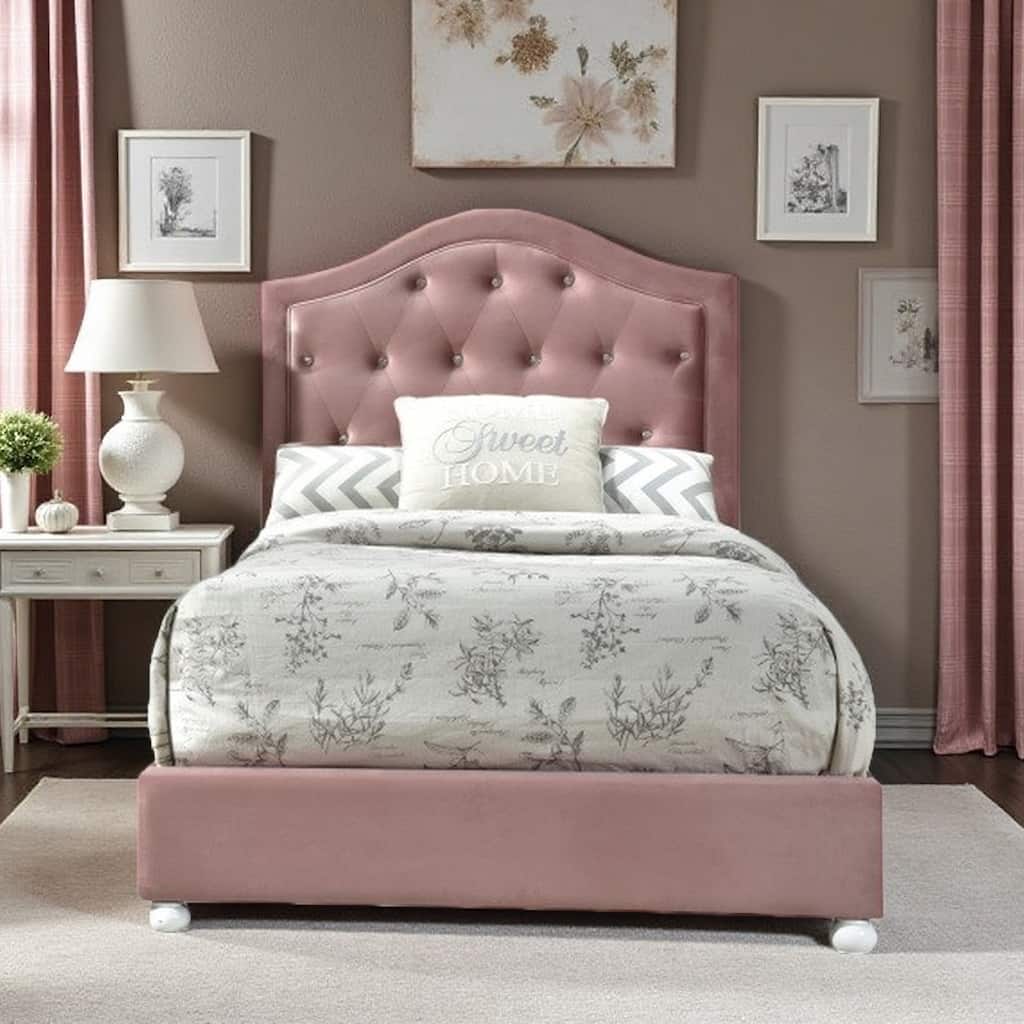 Twin Size Upholstered Platform Bed with Button Tufted Arched Headboard and Wooden Legs, No Box Spring Needed, Pink Fabric Frame