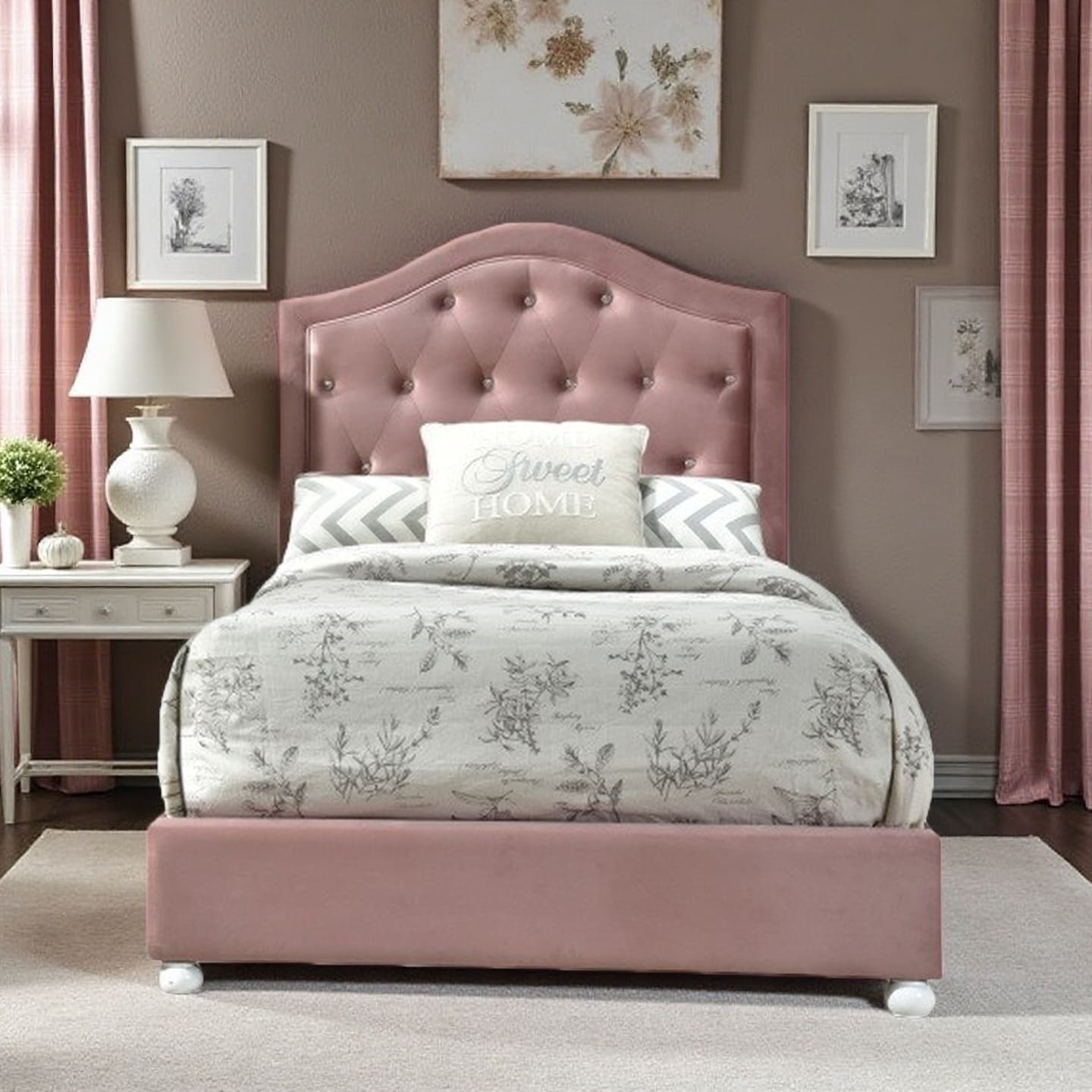 Twin Size Upholstered Platform Bed with Button Tufted Arched Headboard and Wooden Legs, No Box Spring Needed, Pink Fabric Frame