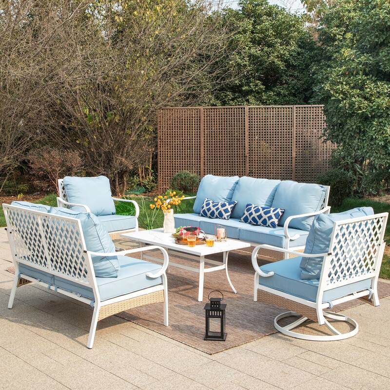 MAISON ARTS 7-Seat Patio Conversation Set, 2/4 x Cushioned Metal Chair, 1 x 2-Seat Sofa,1 x 3-Seat Sofa with Coffee Table