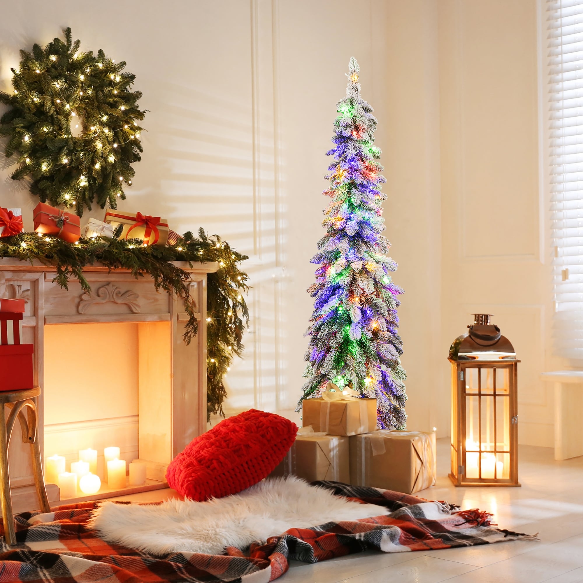 Gymax 4/5/6 FT Pre-Lit Artificial Christmas Tree Snow-Flocked Slim
