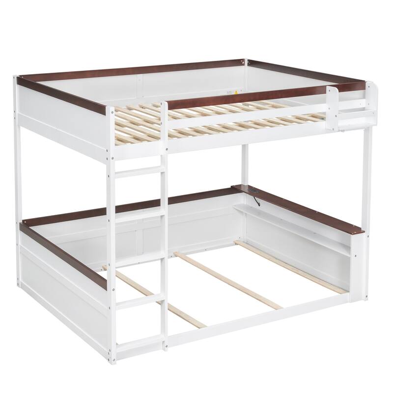 Queen Size Wooden Bunk Bed with Shelves, Storage Box, LED Light, and USB Charging Station