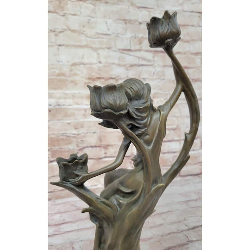 Art Nouveau Candle Holder Candelabra Female Figure Bronze Sculpture By Kin