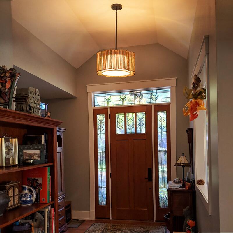 Farmhouse 1-Light Drum Pendant Light with Woven Shades - Black