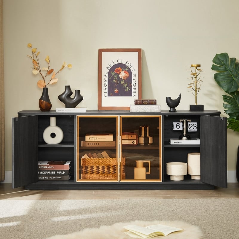 Sideboard Storage Cabinet TV Stand with wave pattern Buffet Cabinet Wooden Vertical Striped Cabinet