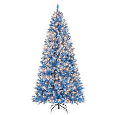 Gymax Pre-Lit Artificial Christmas Tree Blue Hinged Xmas Tree w/