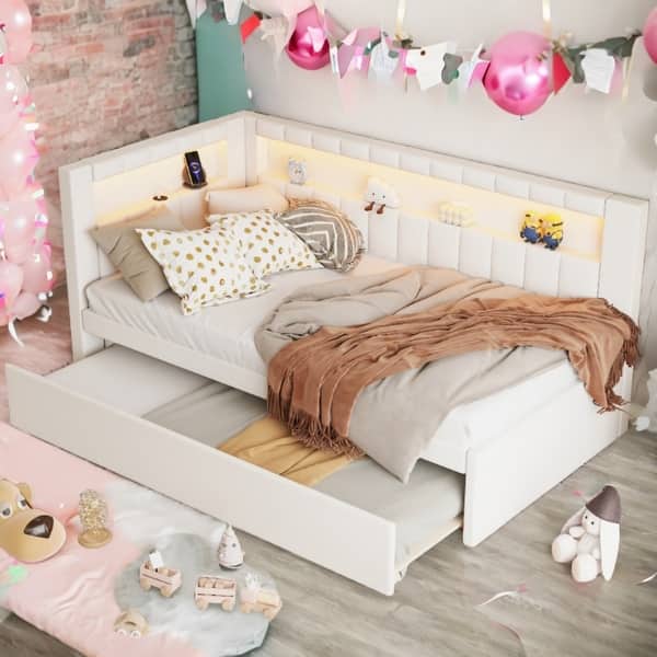 slide 2 of 12, White Twin Size Upholstered Daybed with Trundle, USB Ports and LED Belt