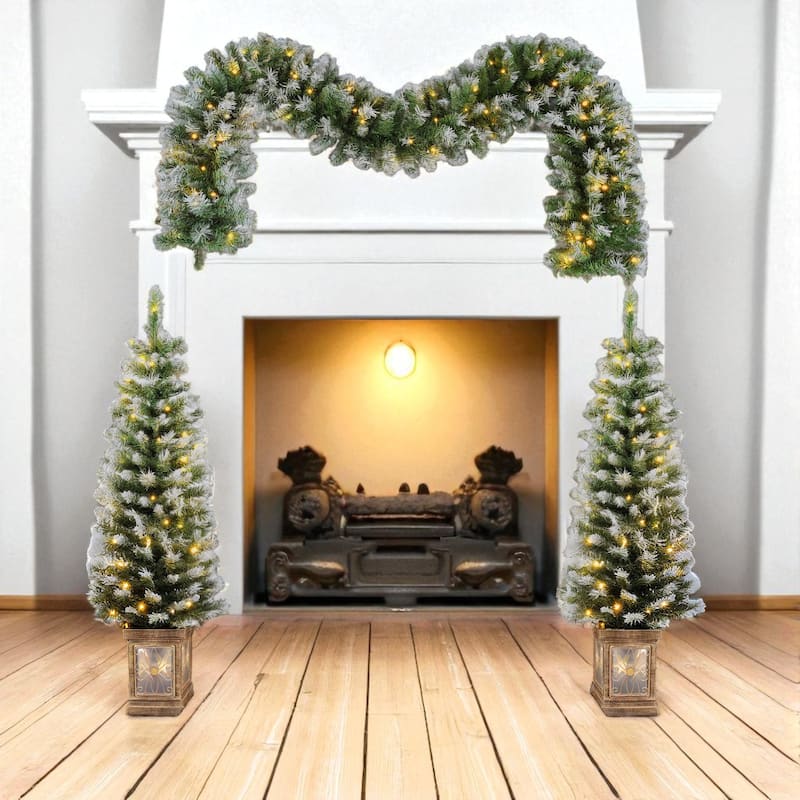 Set of 2 Pre-Lit 4FT Entrance Christmas Trees with LED Lights, Gold Pots, Artificial Holiday Decoration