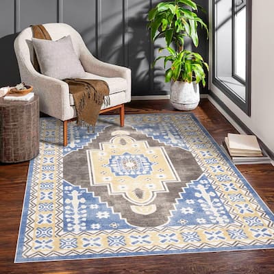 Machine Washable Collection Brown/Yellow/Blue Medallion Area Rug