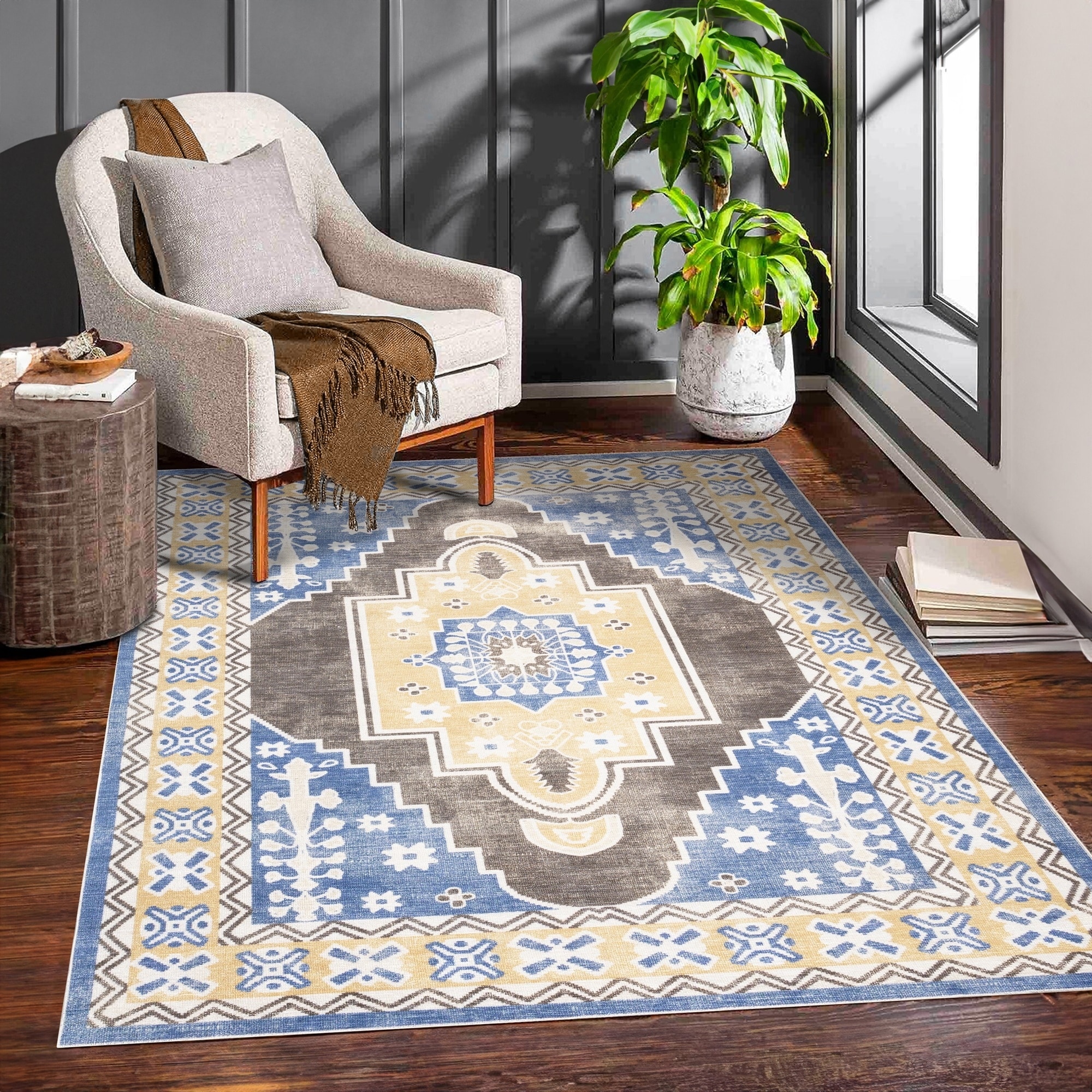 MDA Rugs Machine Washable Collection Brown/Yellow/Blue Medallion Area Rug