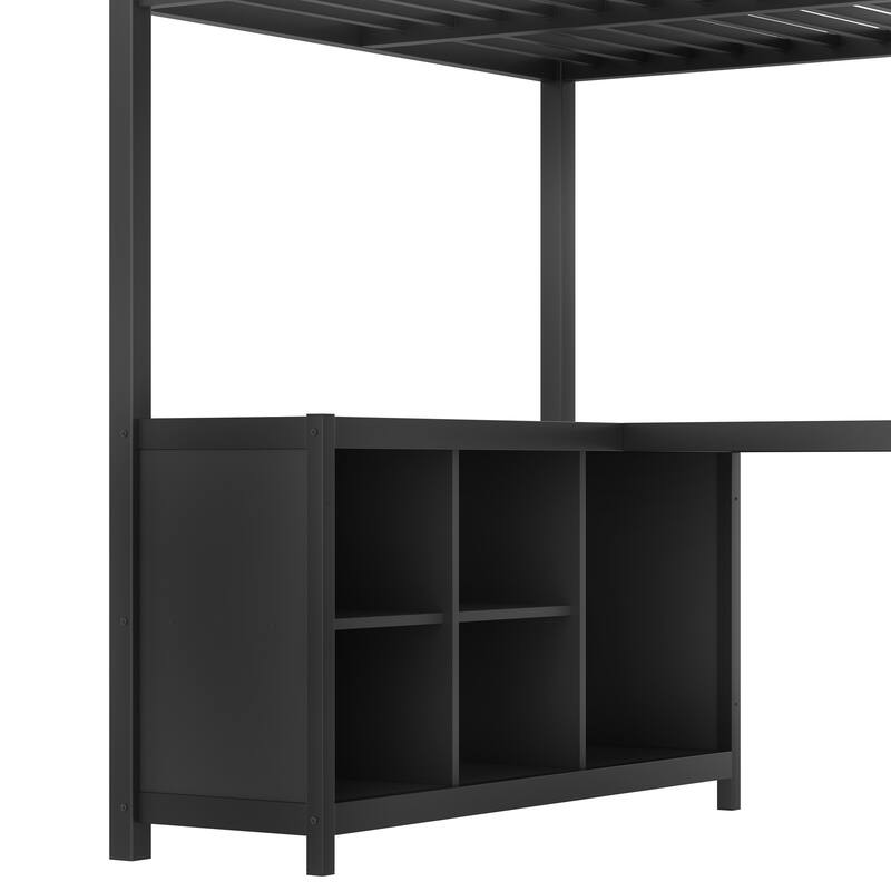 Twin/Twin XL Metal Loft Bed with Wardrobe & L-Shaped Desk - Loft Bed with Storage Cubes & Shelves for Teens, Adults