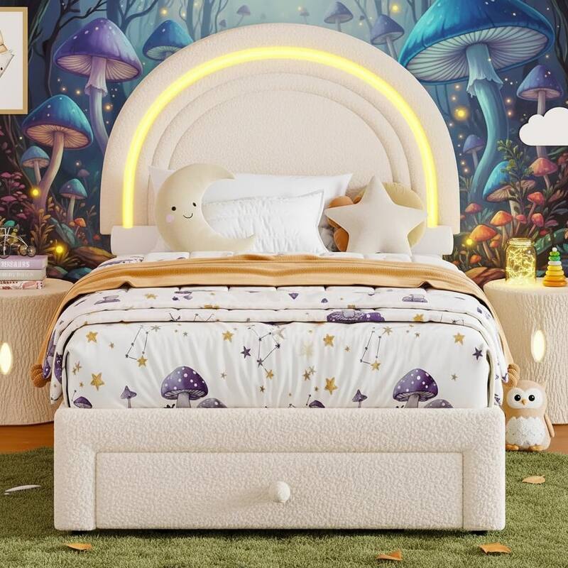 Upholstered LED Bed Frame, with Storage Drawer - Beige