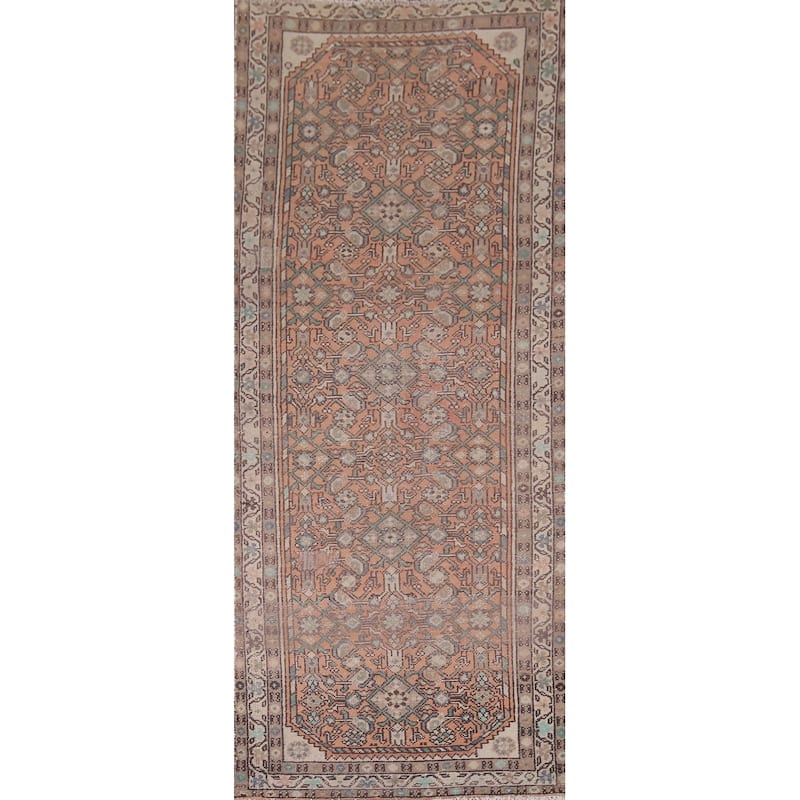 Distressed Hamedan Vintage Persian Runner Rug Hand-Knotted Wool Carpet - 3'5" x 9'4"