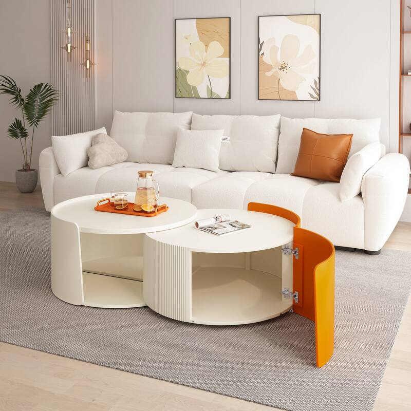Wood Coffee Table Set with Storage, Adjustable Round Nesting Side Tables with Extendable Sliding Tabletop for Living Room