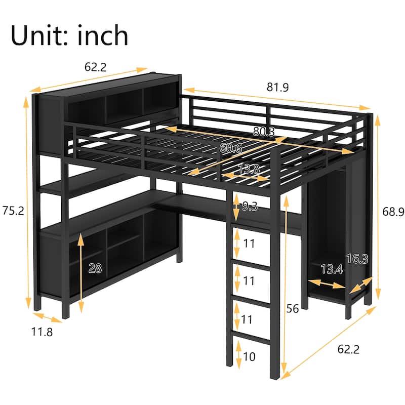 Heavy Duty Metal Loft Bed with Wardrobe and L Shaped Desk, Full/Queen Size High Loftbed Frame with Storage Cubes and Shelves