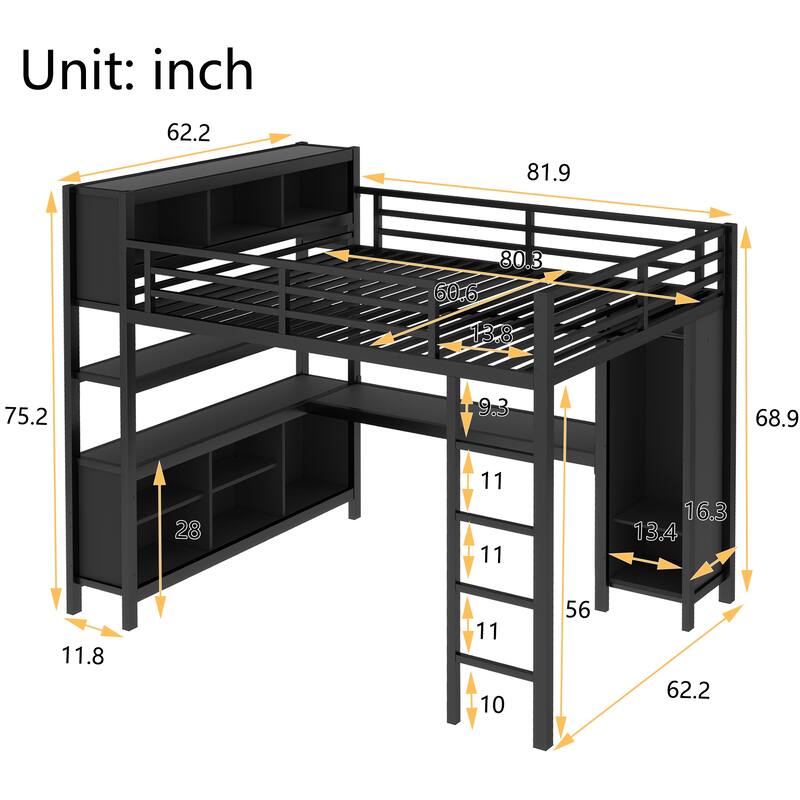 Metal Loft Bed with Wardrobe And L-shaped Desk, Queen Size Loft Bed with Storage Cubes and Shelves, Heavy Duty Loft Bed