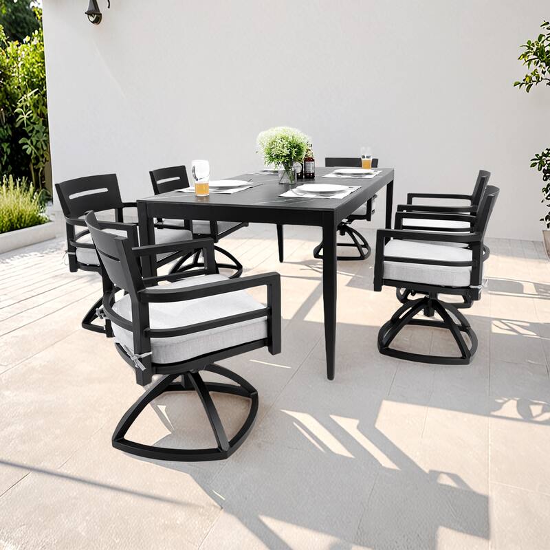 Modern 7-Piece Patio Dining Set with 35.5"x71" Black Marble Sintered Table and 6 Swivel Rockers, Ember Black